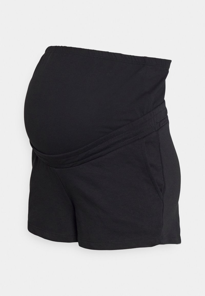 Shorts premaman neri realizzati in un tessuto morbido, con una vita elasticizzata e un design incrociato con tasche laterali. Texture liscia.