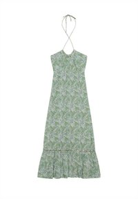 Vestido de patrón floral verde con un corsé ajustado, tirantes al cuello y un dobladillo con volantes. Hecho de una tela ligera con una textura suave.