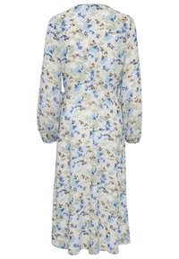 Robe midi à manches longues avec motif floral bleu clair, beige et vert, taille cintrée et poignets froncés, vue de dos.