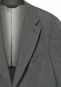 Grauer Wollblazer mit Reverskragen, einer Brusttasche und einem glatten Innenfutter mit feiner Textur.