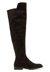 Botas over-the-knee negras de ante, con suela plana, puntera redonda y un diseño simple sin patrones visibles ni herrajes.