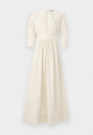 Cream-colored dress made of cotton with a v-neck, puff sleeves, waistband, and pleated skirt, featuring side pockets and a seam detail.