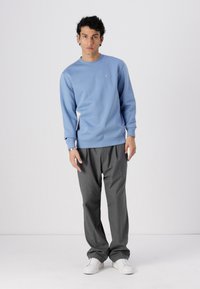 Sudadera azul claro de mangas largas, cuello redondo y puños acanalados. Combinada con pantalones gris oscuro y zapatillas blancas. Diseño sencillo, sin patrones.