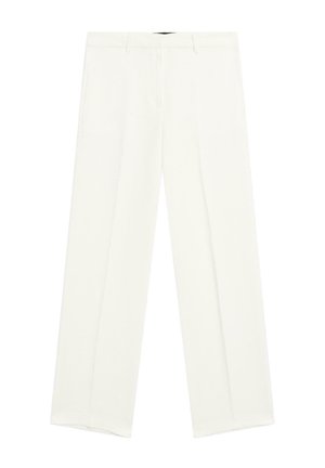 Pantaloni bianchi a gamba larga in tessuto liscio, dotati di due tasche frontali e un design anteriore piatto. Linee pulite e nessun motivo visibile.
