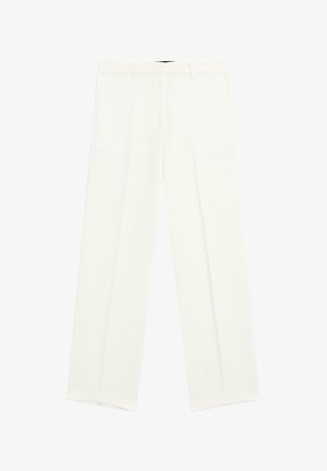 Pantaloni bianchi a gamba larga in tessuto liscio, dotati di due tasche frontali e un design anteriore piatto. Linee pulite e nessun motivo visibile.