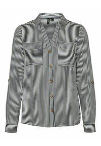 Chemise à manches longues à rayures verticales noires et blanches avec deux poches poitrine et des boutons marron.