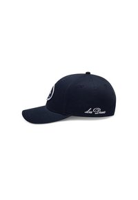 Marineblå baseballcap laget av bomull, med en rund krone, en stiv frontpanel, brodert logo og tekst på baksiden.