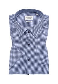 Camicia a maniche lunghe blu e bianca con motivo, con una vestibilità comoda, dotata di colletto a punta e bottoni blu scuro lungo la parte anteriore.