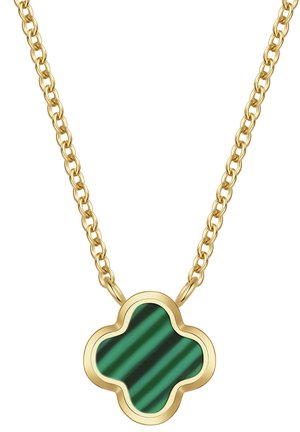 Gouden ketting met een hanger in de vorm van een klaverblad van groene malachiet, omlijst met goud.