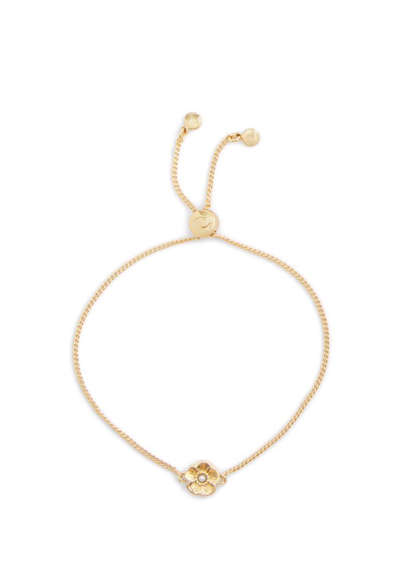 Bracciale d'oro con design a catena e un charm a forma di fiore al centro, petali texture e un moschettone regolabile.
