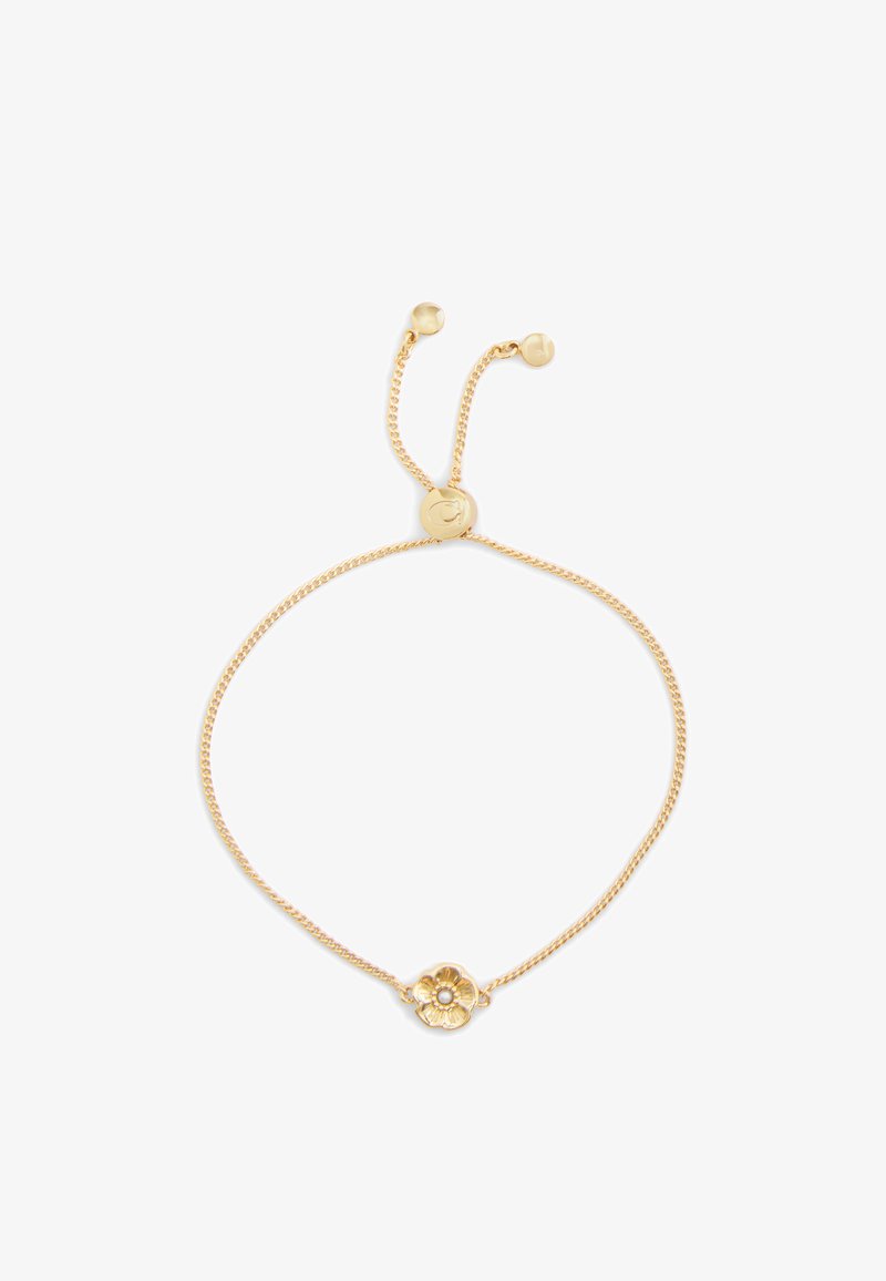 Guldkedja med ett blommigt hänge i mitten, strukturerade blad och ett justerbart glidlås.