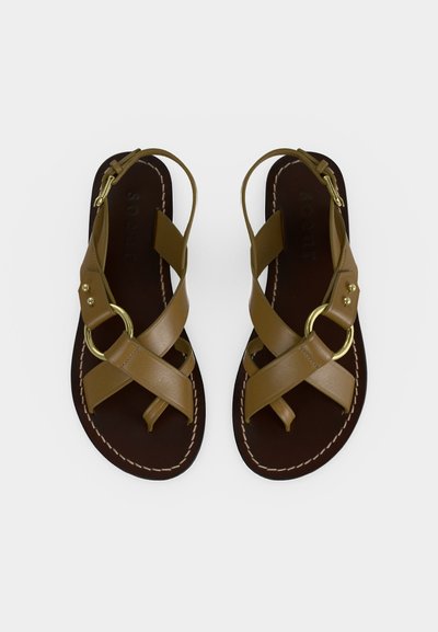 Brūnas ādas plakanās sandales ar krustotām siksniņām, zelta gredzeniem, pirkstu cilpām un potītes sprādzēm uz tumšām zolēm ar redzamu šuvi.