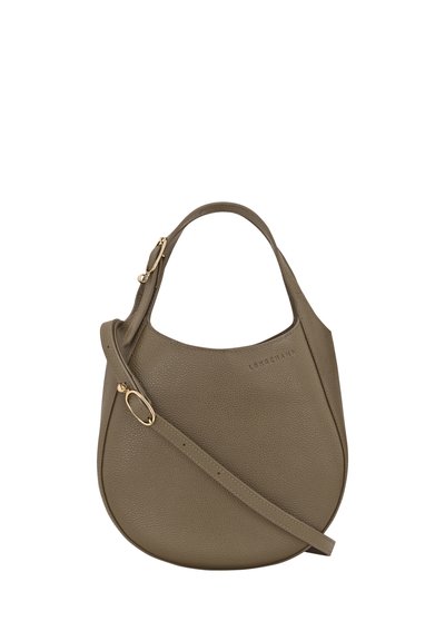 Olive green leather handbag with a curved shape, featuring a short top handle and a long adjustable strap, accented by gold hardware.