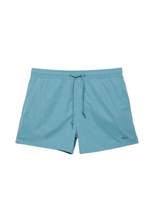 Pantaloni scurți de baie bărbătești de culoare albastru deschis, cu talie elastică, șnur frontal, buzunare laterale și un mic logo pe piciorul stâng inferior.