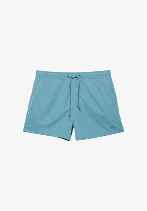 Světle modré pánské plavky s elastickým pasem, předním stahovacím šňůrkou, bočními kapsami a malým logem na levé dolní noze.