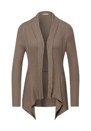 Cardigan marron en maille côtelée à ouverture devant, manches longues et ourlet asymétrique, style léger et décontracté.