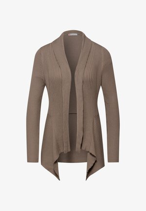 Brown ribbed knit open-front cardigan with long sleeves and asymmetrical hemline, lightweight and casual style.
