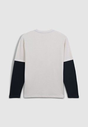 Camicia a maniche lunghe con corpo grigio chiaro e maniche blu navy scure. Materiale in cotone, scollatura rotonda e cuciture a contrasto.