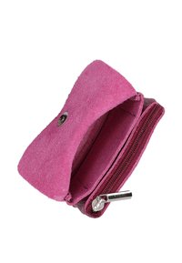 Pink suede wallet with a snap closure and zippered compartment. Soft texture, rectangular shape, and accented with silver hardware.