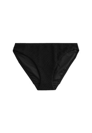 Chiloți bikini negri texturizați cu căptușeală interioară netedă, cu croială clasică și acoperire moderată.