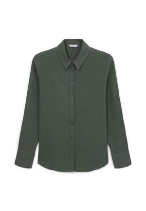 Dunkelgrüne Hemd mit Knopfleiste aus strukturiertem Stoff, mit klassischem Kragen, langen Ärmeln und schwarzen Knöpfen auf der Vorderseite.