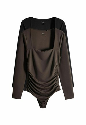 To langærmede bodystockings med firkantede udskæringer, den ene sort og den anden mørkebrun med rynkede stofdetaljer foran.