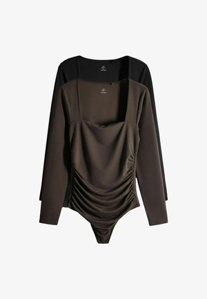 Du vienodo ilgio rankovių bodi su kvadratinio kirpimo iškirpte, vienas juodas, kitas tamsiai rudas su susmulkinto audinio detalėmis priekyje.