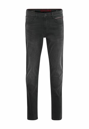 Black denim jeans with a slim fit, featuring a classic five-pocket design and subtle distressing. Stitched accents in red and white.