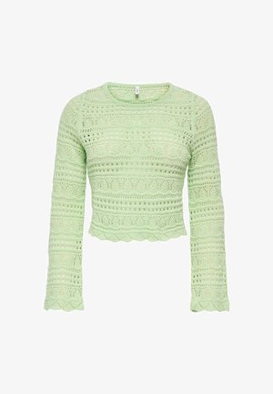 Vaaleanvihreä lyhyt pitkähihainen villapaita, jossa on monimutkainen pitsineulospitsi, aaltoileva helma ja pyöreä pääntie.