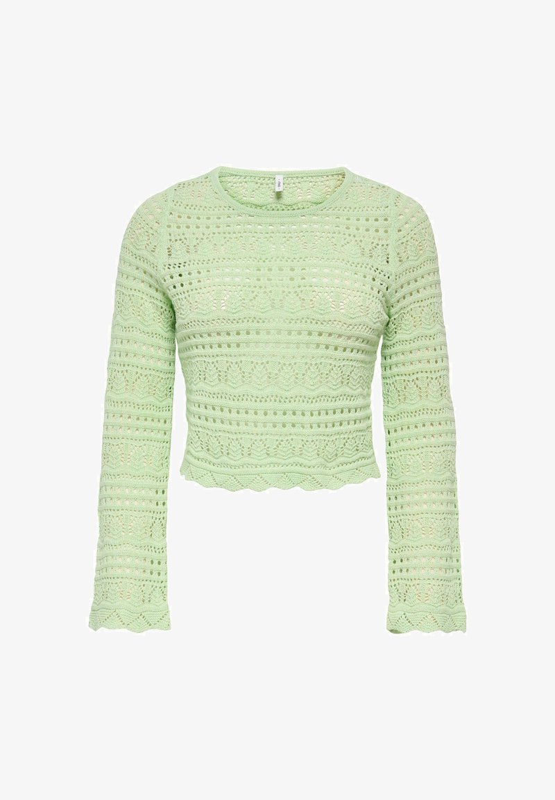 Pull vert clair court à manches longues avec un motif en dentelle complexe, un ourlet festonné et un col rond.