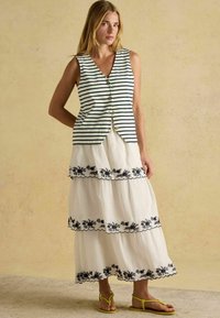 Pruhovaná sleeveless vesta v námorníckej modrej a bielej farbe, doplnená vrstvenou bielou sukňou s čiernou kvetinovou výšivkou a žltými sandálmi.