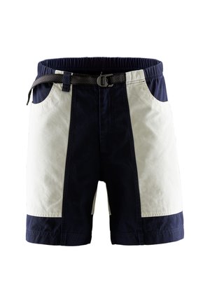Zwemshorts voor heren in marineblauw en crème met een kleurblokontwerp. Voorzien van een elastische tailleband en een verwijderbare riem. Inclusief zijzakken.