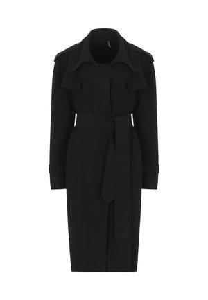 Trench nero con cintura in vita, colletto ampio e spalle strutturate. Realizzato in tessuto liscio, presenta maniche lunghe e patte frontali.
