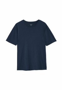 Marinblå T-shirt med korta ärmar, rund hals, tillverkad av ett mjukt tyg, har en avslappnad passform och minimal textur.