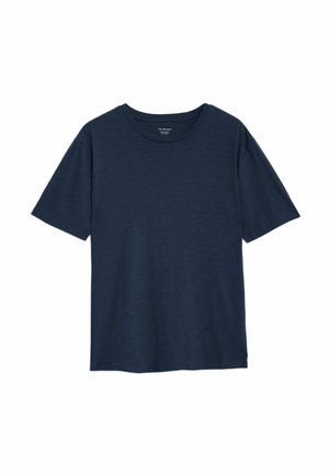 Navyblauwe T-shirt met korte mouwen, ronde hals, gemaakt van een zachte stof, met een ontspannen pasvorm en een minimale textuur.