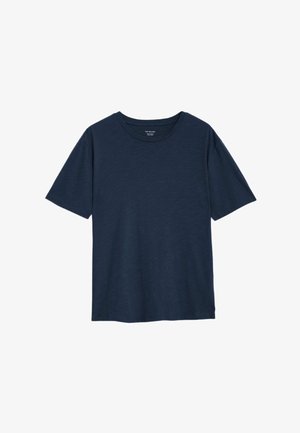 Navyblauwe T-shirt met korte mouwen, ronde hals, gemaakt van een zachte stof, met een ontspannen pasvorm en een minimale textuur.