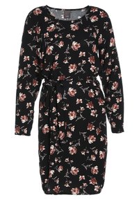 Černé dlouhé šaty s květinovým vzorem v odstínech červené a bílé. Mají pásek kolem pasu a kulatý výstřih. Měkká textura látky.