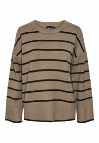 Pull en maille beige avec des rayures horizontales noires, encolure ronde et épaules tombantes. Les poignets et l'ourlet en côte ajoutent de la texture et des détails.