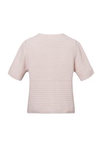 Helles rosa Kurzarm-Sweatshirt mit strukturiertem Waffelpikee-Muster. Lockere Passform, Rundhalsausschnitt und leicht abgerundeter Saum.