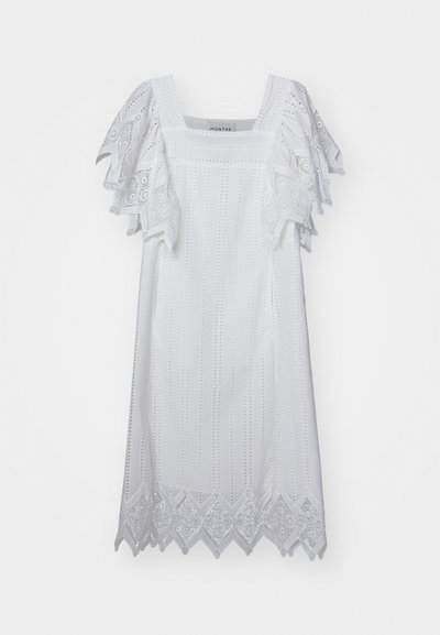 White dress with square neckline, embroidered short sleeves, vertical stripe pattern, and decorative lace hem. Lightweight, textured fabric.