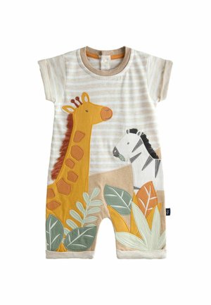 Dětský overal s krátkými rukávy s béžovými pruhy, na přední straně vyšívaná žirafa, zebra a zelené a oranžové listy.