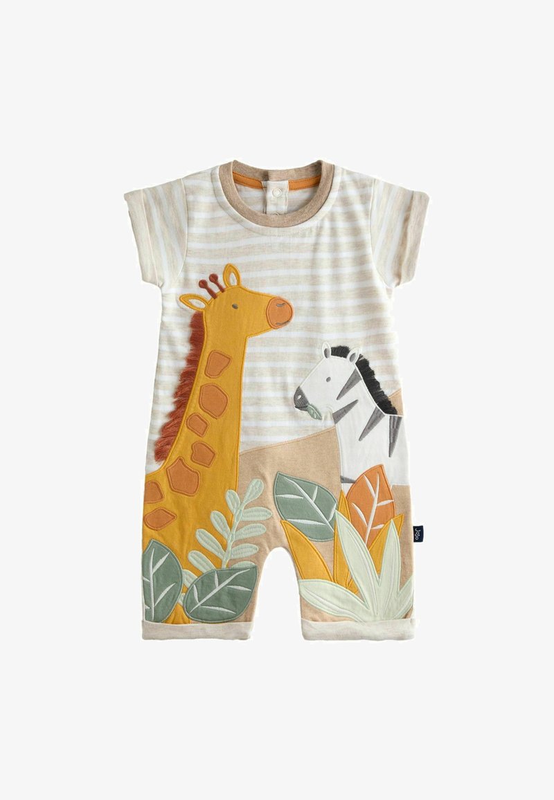 Body bébé à manches courtes à rayures beige, avec une girafe, un zèbre et des feuilles vertes et orange brodées à l'avant.