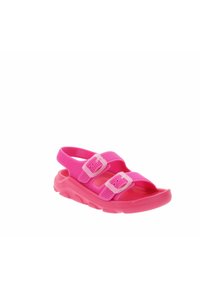 Sandali sintetici rosa con design a due fasce e fibbie regolabili, tomaia testurizzata e suola spessa per maggiore stabilità.