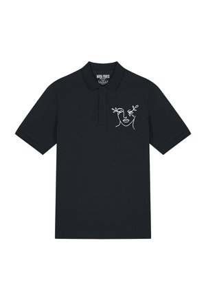 Zwarte polo van katoen, voorzien van een minimalistische witte lijntekening van een gezicht met bloemaccenten op de linker borst.