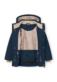 Veste bleu marine avec doublure beige, équipée de boutons-pression, d'une capuche réglable et d'un extérieur lisse et texturé. L'intérieur présente un design uni.