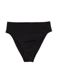 Črne bikini spodnjice visokega pasu, izdelane iz teksturiranega materiala, z gladkim pasom in minimalističnim oblikovanjem. Brez vzorcev ali dodatkov.