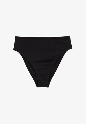 Juoda aukšto liemens bikini dugnas, pagamintas iš struktūruotos medžiagos, pasižymintis lygiu juosmeniu ir minimalios aprėpties dizainu. Be raštų ar akcentų.