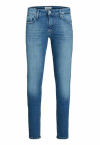 Vaqueros skinny de mezclilla azul claro con una cintura de altura media, diseño de cinco bolsillos, un ligero desvanecimiento y un dobladillo recto. Fabricados con material elástico.