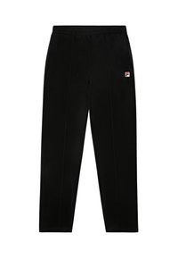 Sorte fløjlsjoggers med elastisk talje, der har diskrete lodrette sømme og et lille rødt, hvidt og blåt logo på venstre lår.