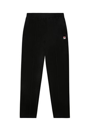 Zwarte velvet joggers met een elastische tailleband, voorzien van subtiele verticale naden en een klein rood, wit en blauw logo op de linker dij.